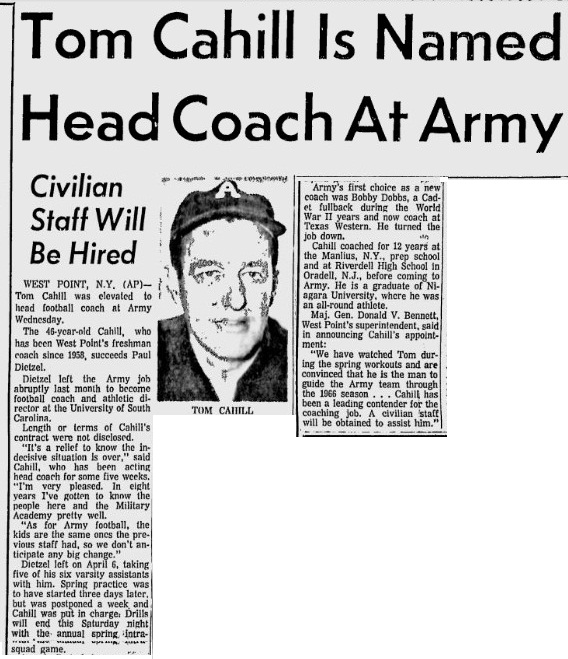 ArmyFB_1966_Cahill-hired_NewsandCourier_May121966